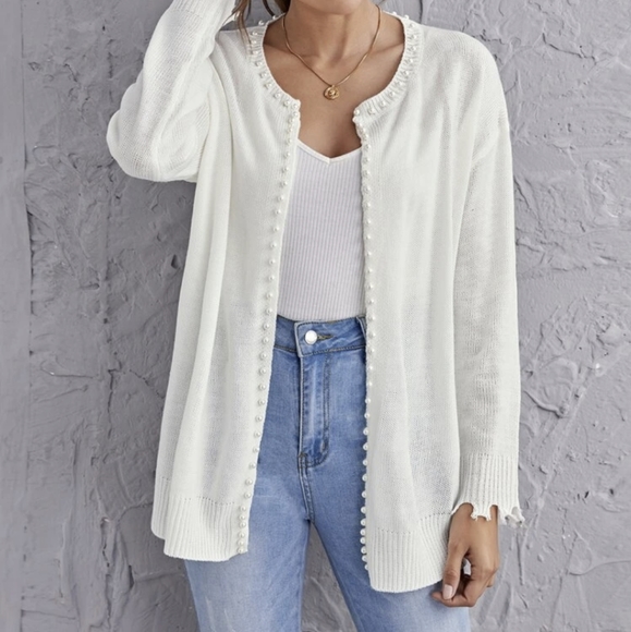 NWT Pearl Beaded Distressed Cardigan, white, small - Picture 2 of 12